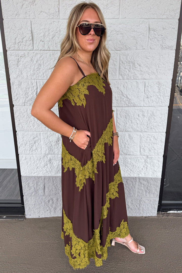chocolate brown with olive green asymmetrical lace details maxi dress with side pockets
