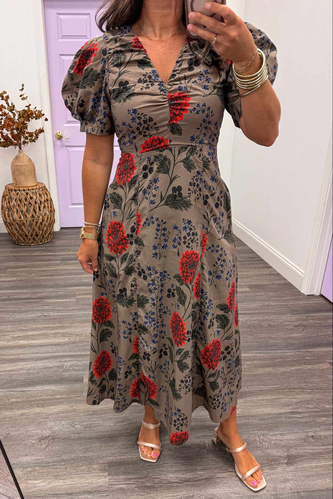 brown with olive orange and navy floral print puff sleeve v neckline midi dress