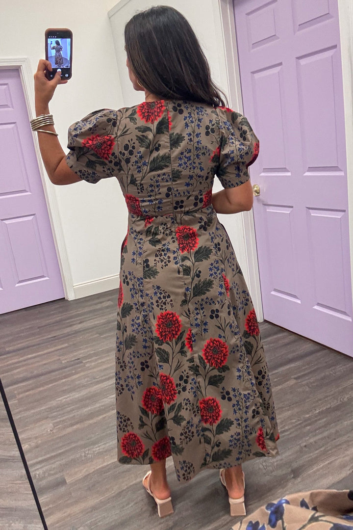 brown with olive orange and navy floral print short puff sleeve empire waist midi dress