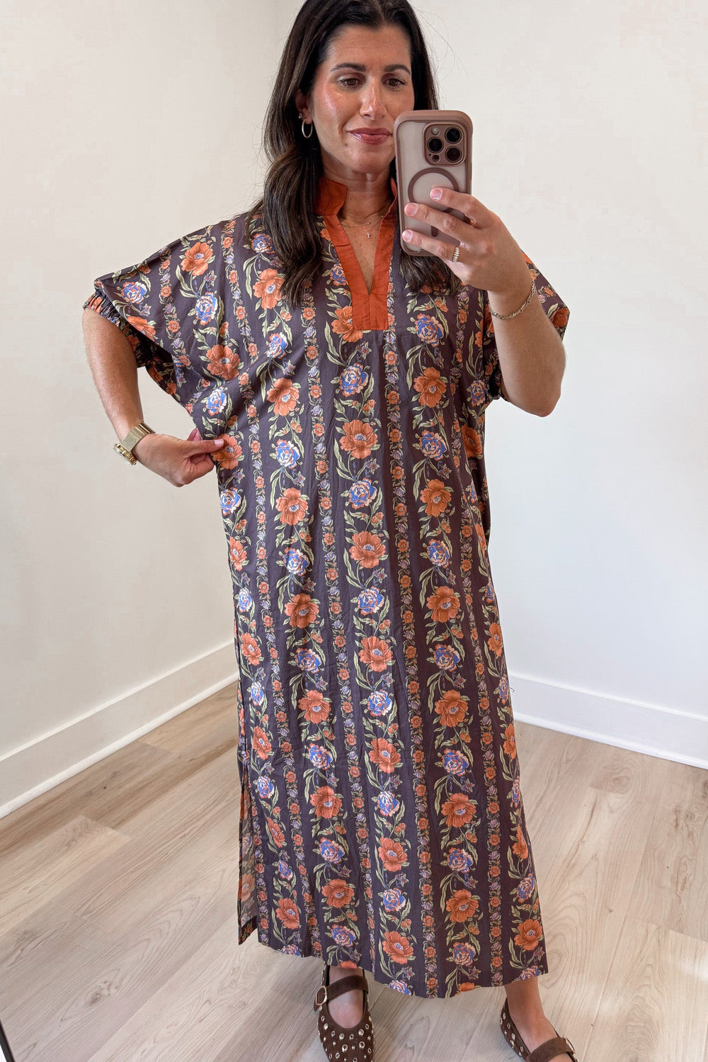 brown and burnt orange floral lattice print short sleeve v neckline relaxed silhouette midi dress