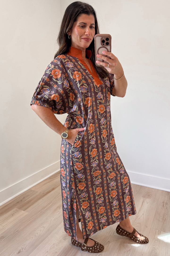 brown and burnt orange floral lattice print short sleeve v neckline midi dress with side pockets