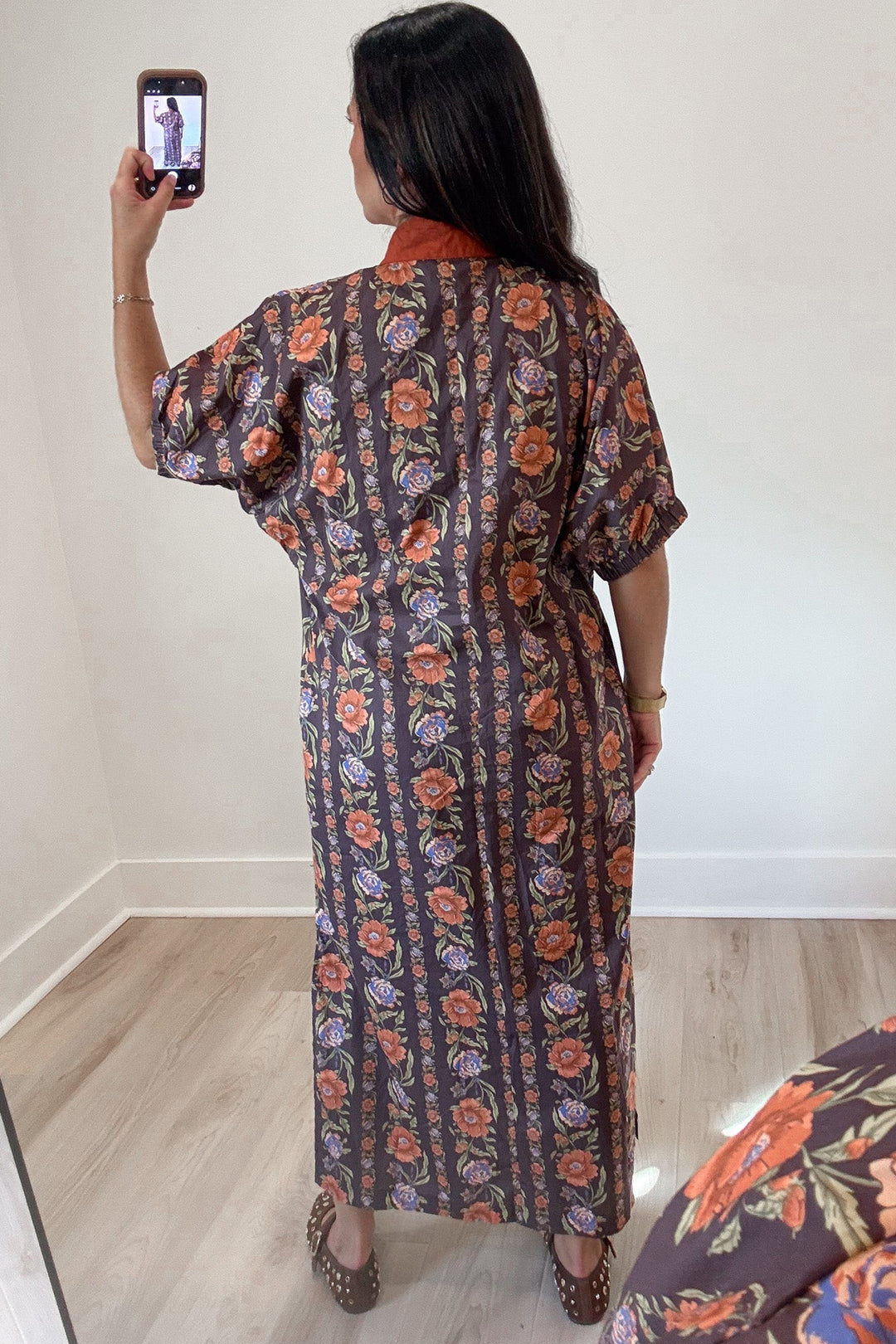 brown and burnt orange floral lattice print short sleeve v neckline midi dress with side slits at hem