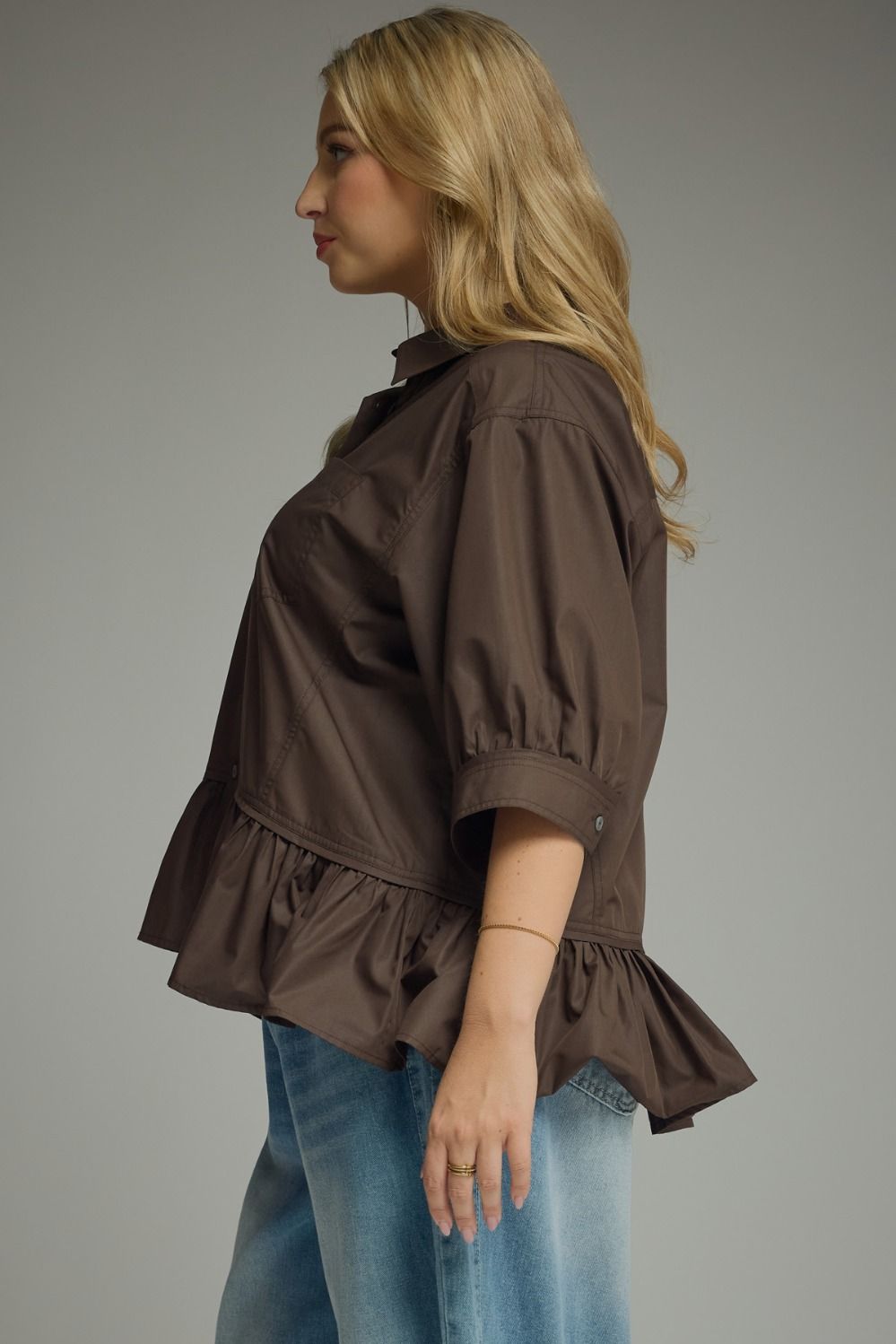 Women's semi-cropped button down brown flattering peplum top with ruffled hem in plus size by Entro