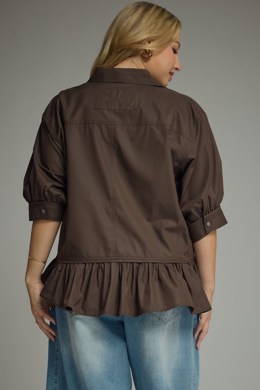 Women's plus size semi-cropped button down brown peplum top with ruffled hem with flattering silhouette