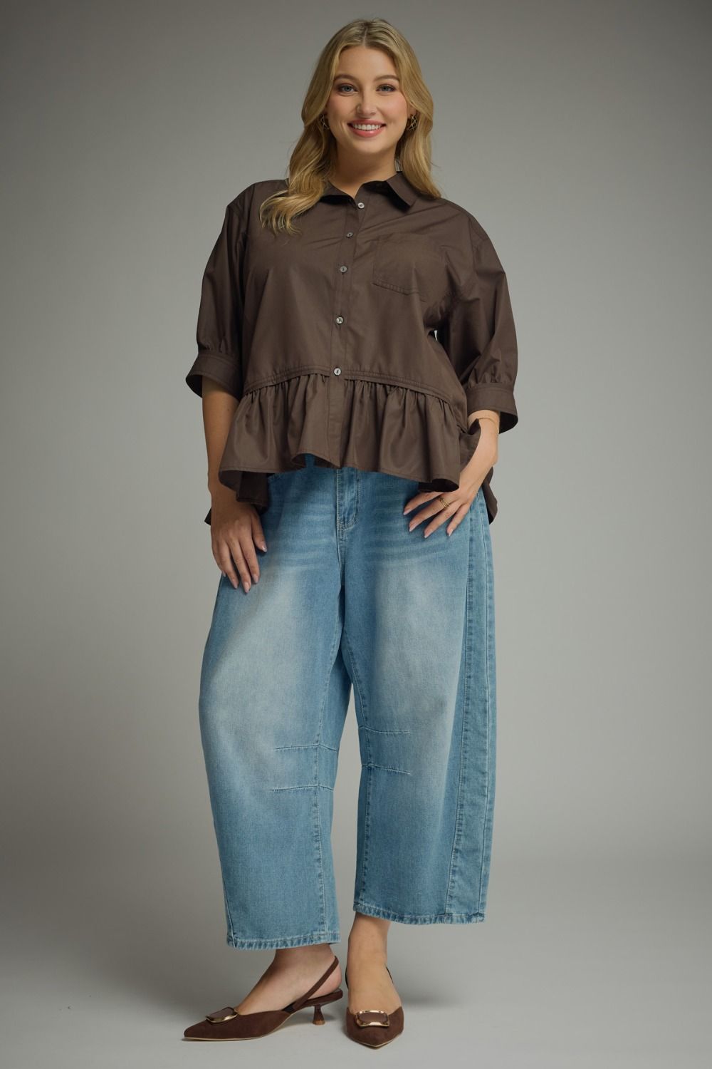 Women's semi-cropped button down brown peplum top with ruffled hem in plus size