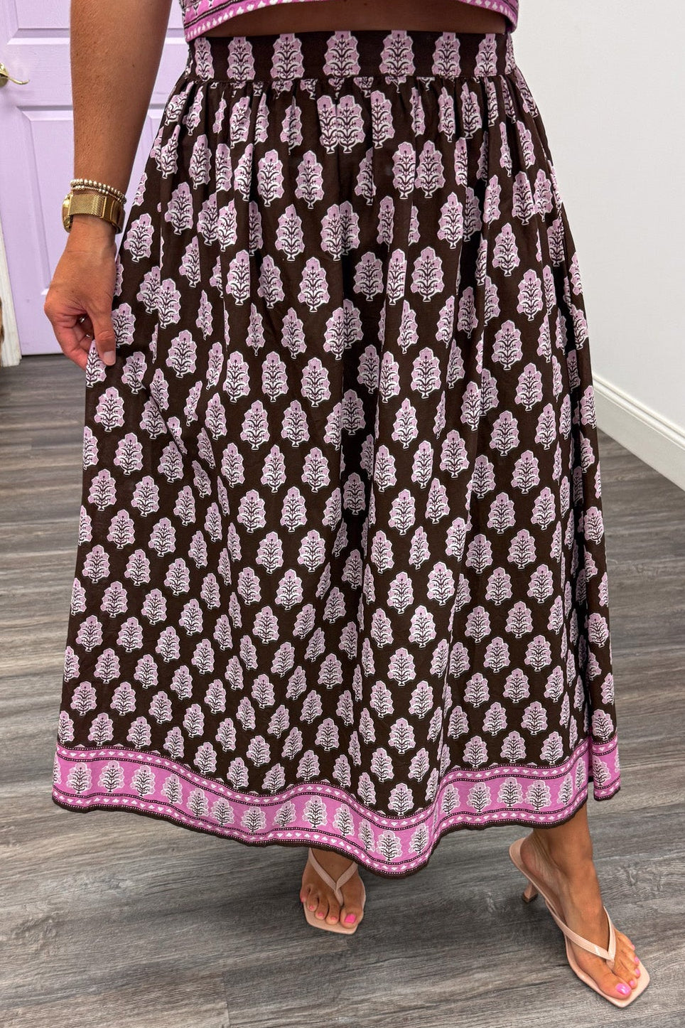 brown and pink floral print with pink border trim elastic waist cotton poplin midi skirt