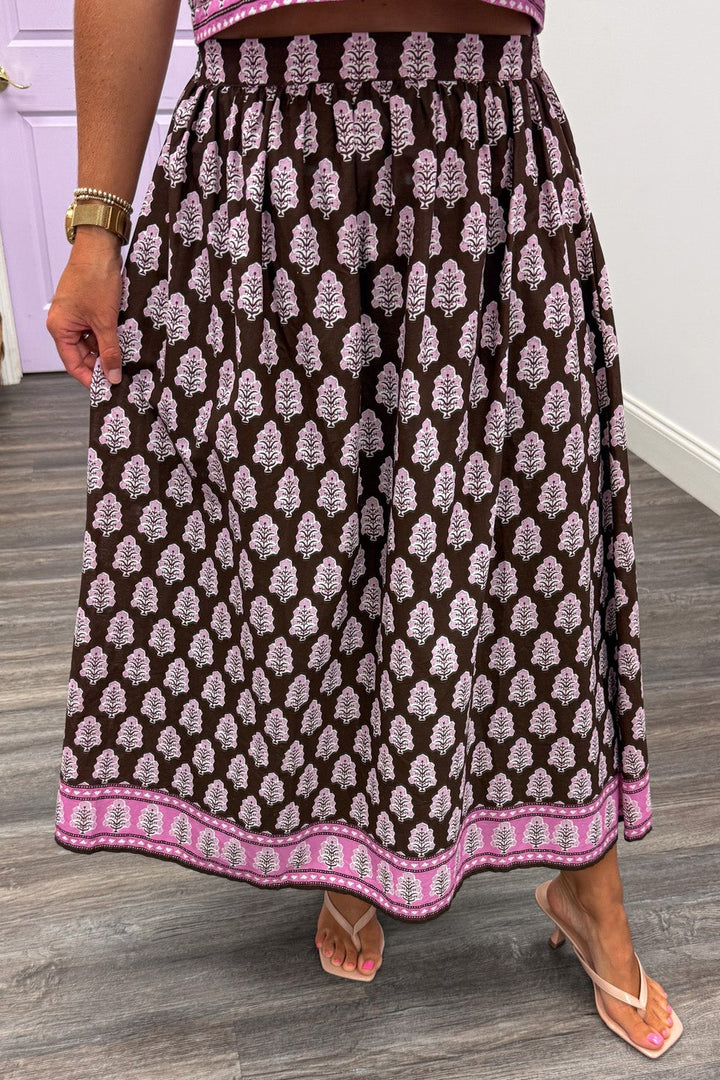 brown and pink floral print with pink border trim elastic waist cotton poplin midi skirt