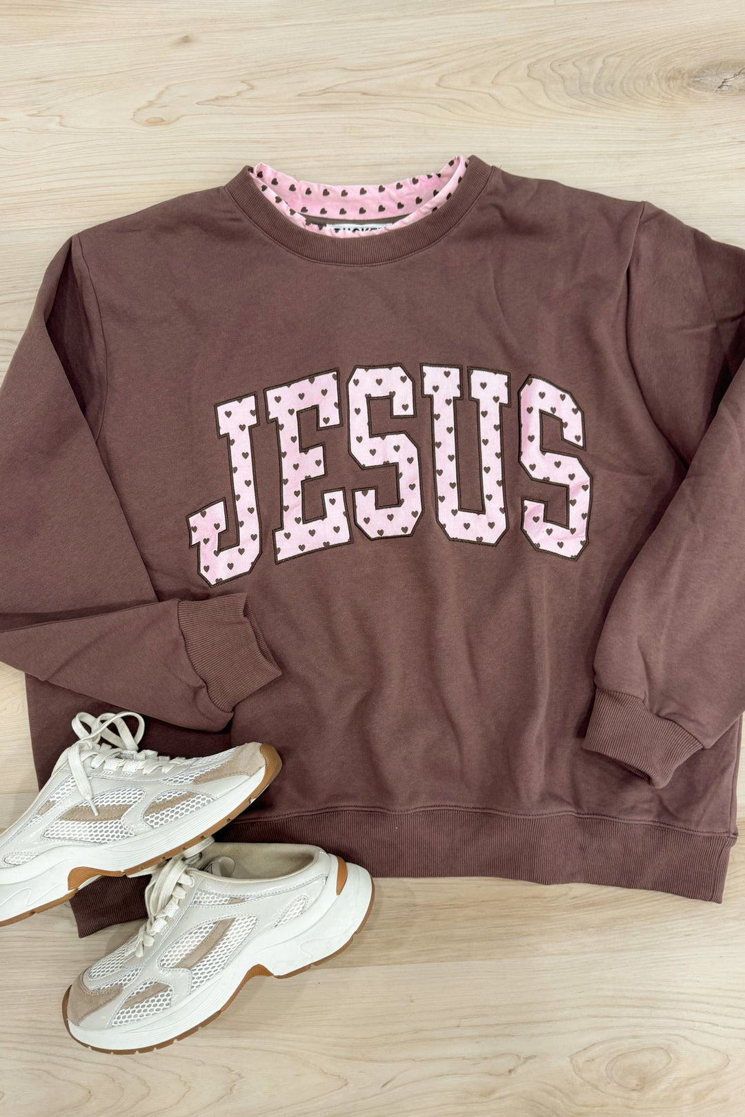 oversized brown pink Jesus mock neck  sweatshirt