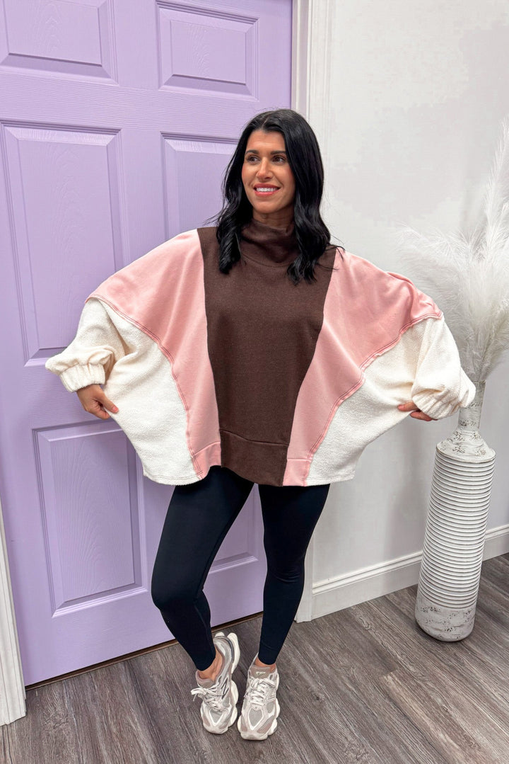 brown pink colorblock pullover top