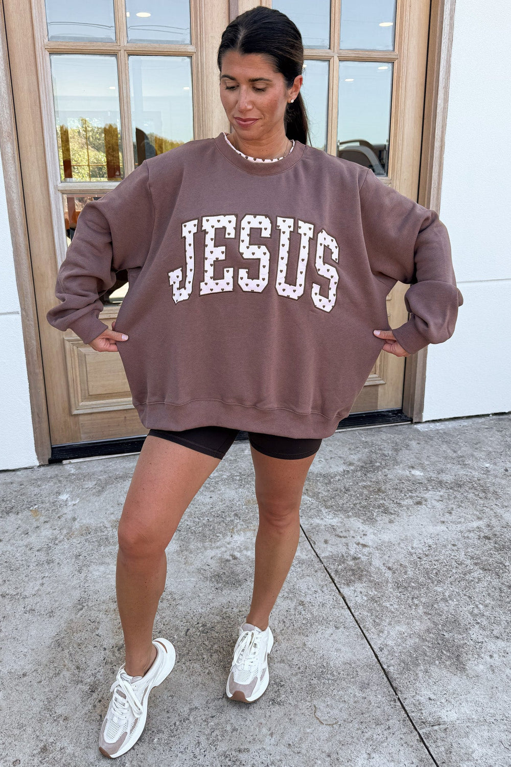 chocolate brown and light pink polka dot print embroidered jesus oversized fit sweatshirt