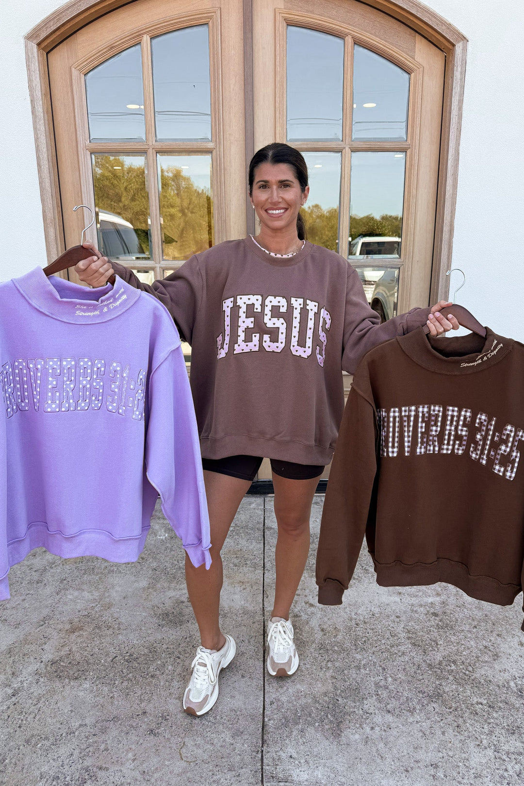 chocolate brown and light pink polka dot print embroidered jesus mock neck sweatshirt