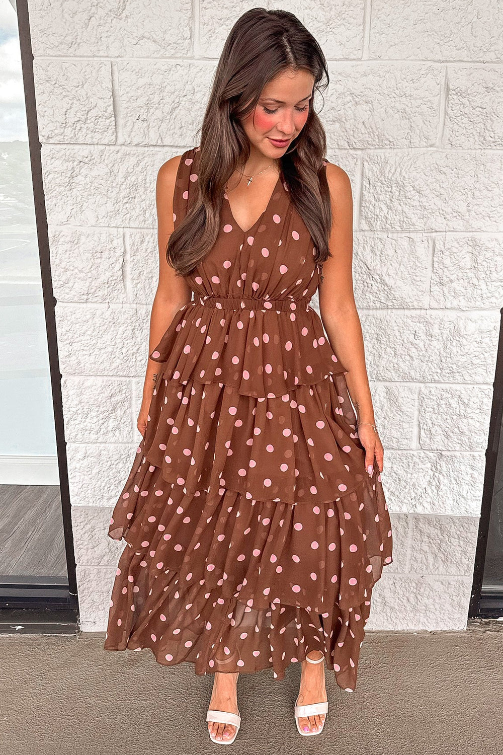 brown with pink polka dot print sleeveless v neckline layered chiffon maxi dress