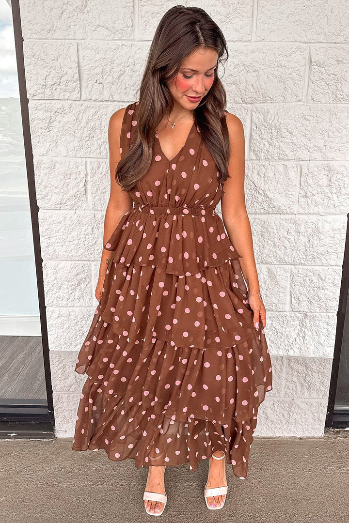 brown with pink polka dot print sleeveless v neckline layered chiffon maxi dress