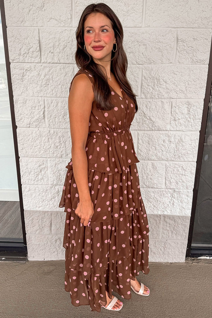 brown with pink polka dot print sleeveless layered chiffon maxi dress with flowy skirt