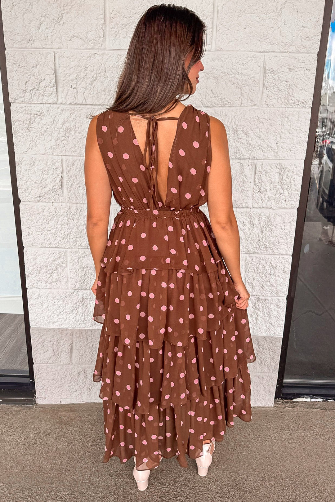 brown with pink polka dot print sleeveless layered chiffon maxi dress with partially open back