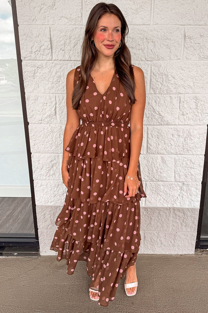 brown with pink polka dot print sleeveless layered chiffon maxi dress