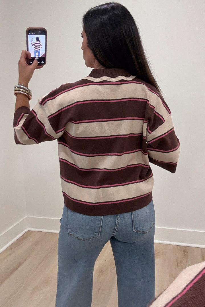 brown beige and pink striped short sleeve button front bodice lightweight knit top with ribbed trim