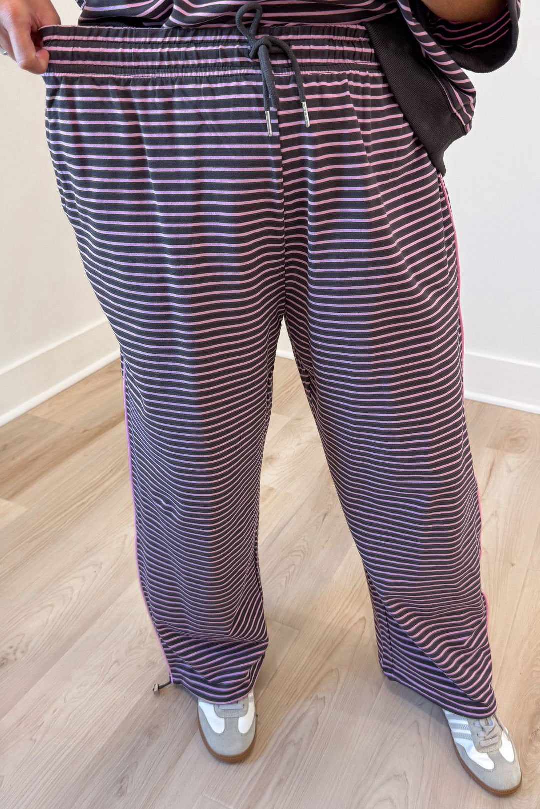 chocolate brown and pink striped top and elastic waist jogger pants matching knit set