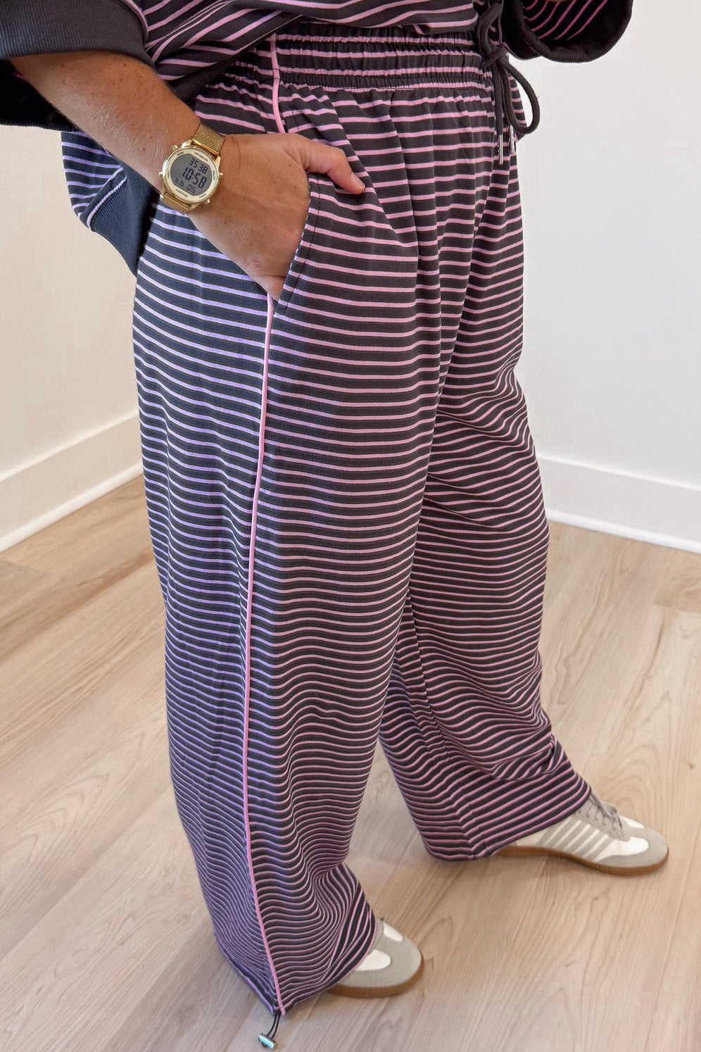 chocolate brown and pink striped top and front pocket jogger pants matching knit set
