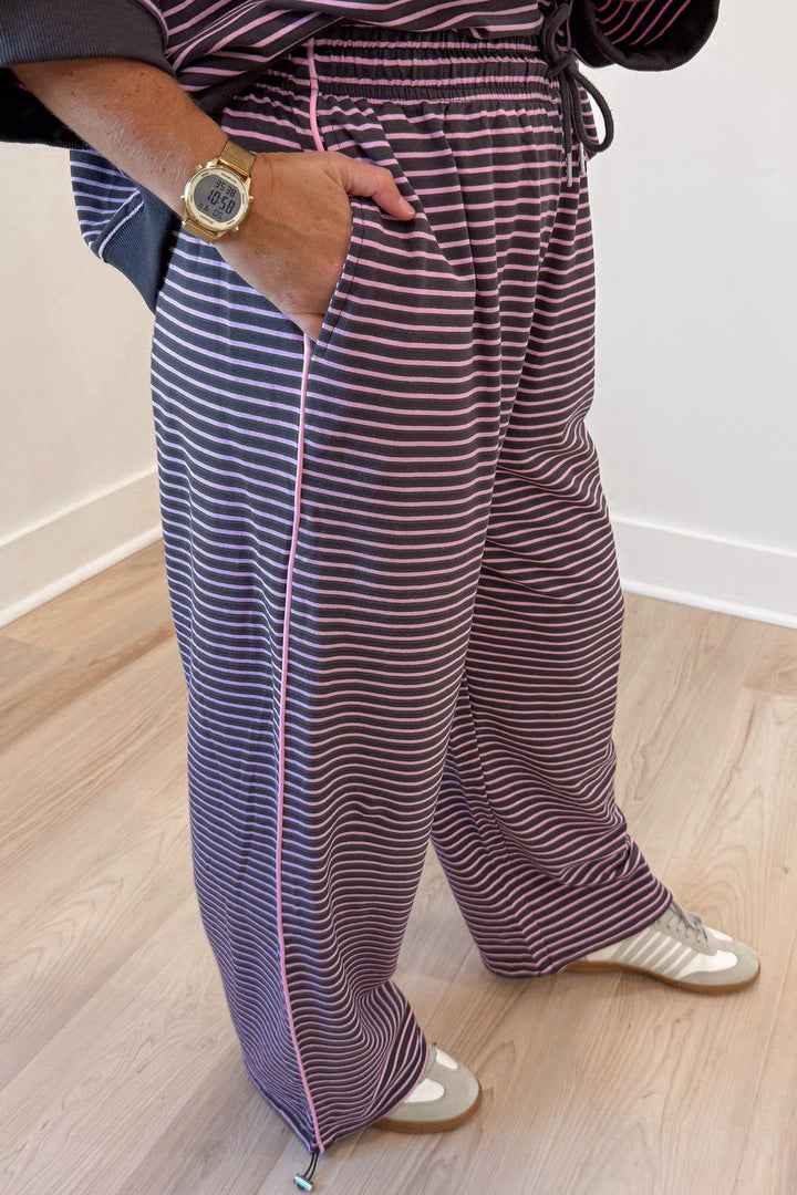 chocolate brown and pink striped top and front pocket jogger pants matching knit set