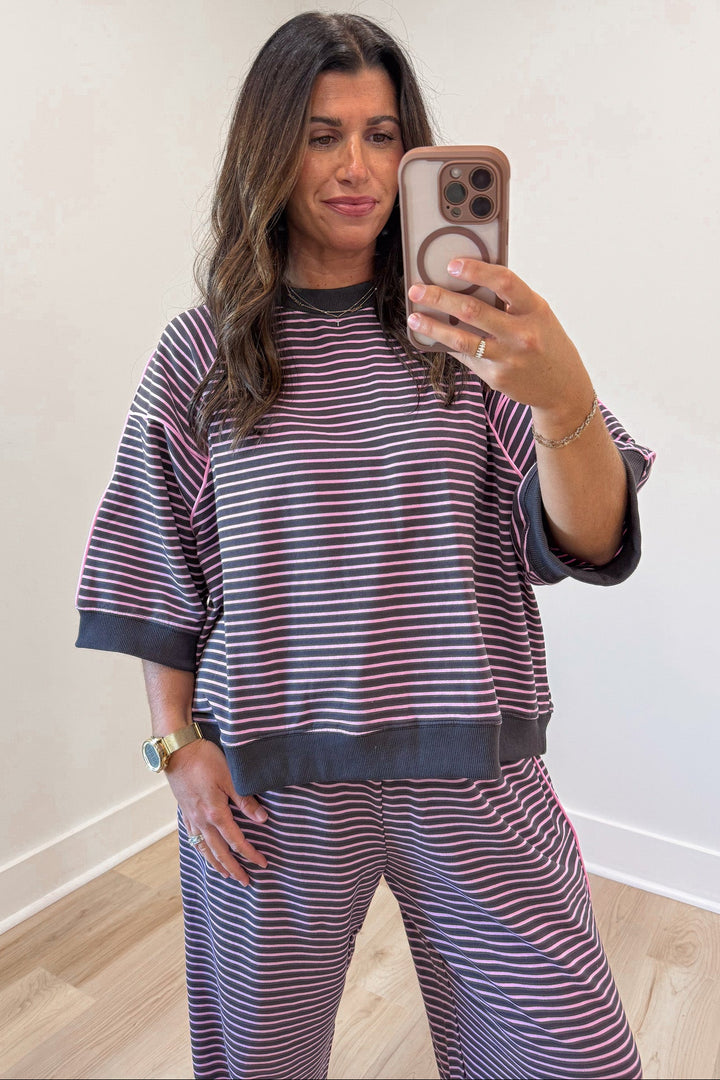 chocolate brown and pink striped crew neckline top and jogger pants matching knit set