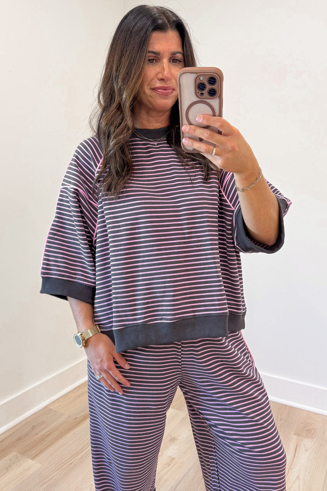 chocolate brown and pink striped short sleeve top and jogger pants matching knit set