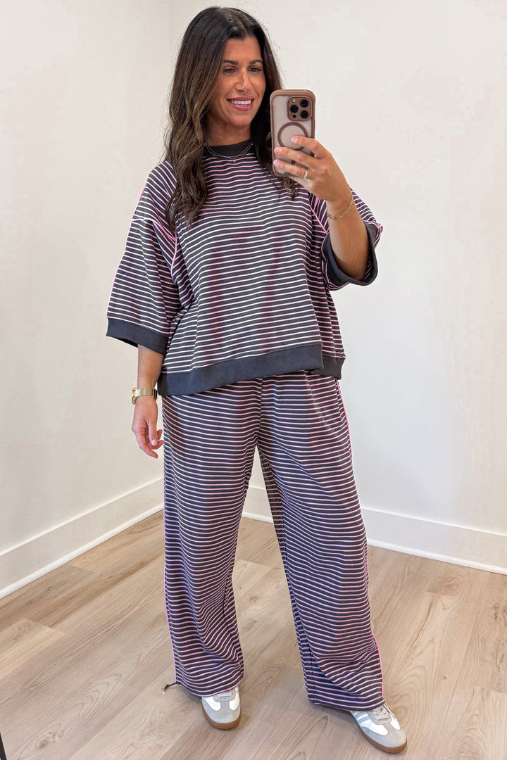 chocolate brown and pink striped top and jogger pants matching knit set