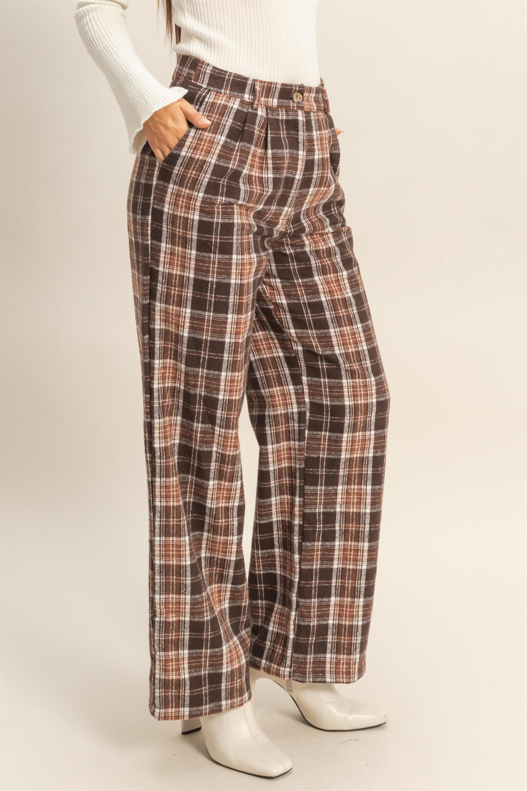 chocolate brown plaid thanksgiving pants pockets