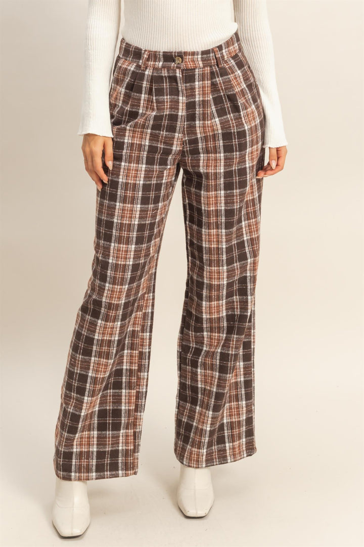 chocolate brown plaid thanksgiving pants front
