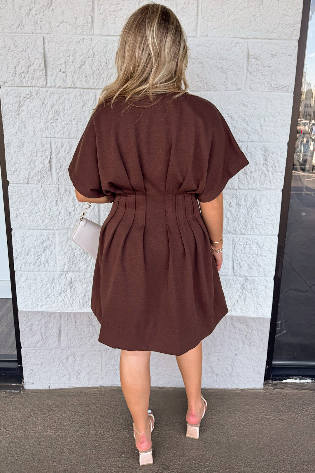 brown dolman sleeve v neckline pleated short dress with pintuck details
