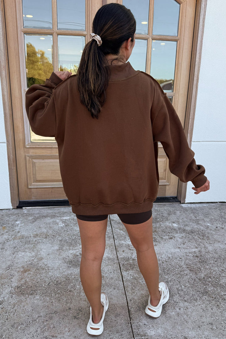 chocolate brown with embroidered gingham proverbs 31:25 mock neck sweatshirt with banded bottom hem