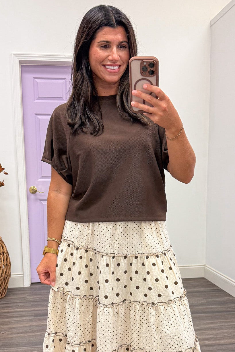 solid brown short puff sleeve crew neckline semi-cropped ribbed knit top