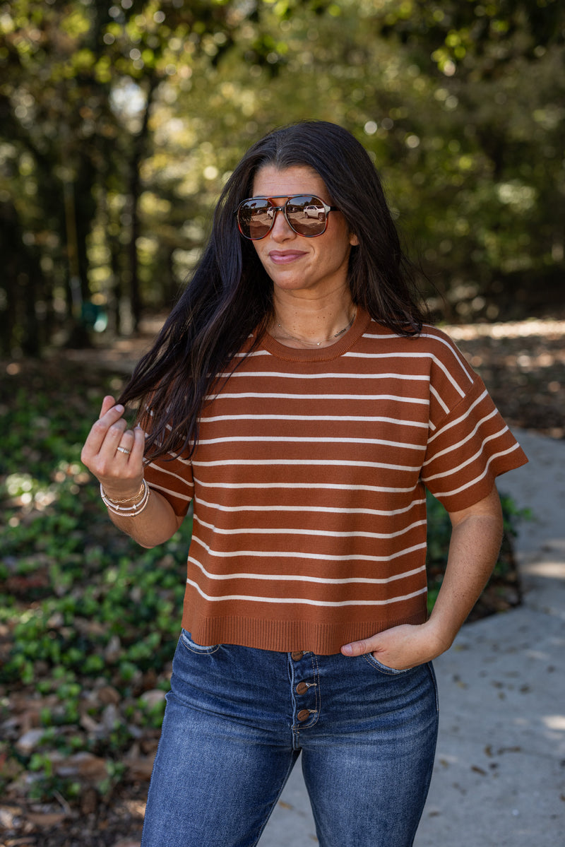 brown white striped cropped sweater top