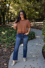 brown white striped cropped sweater top