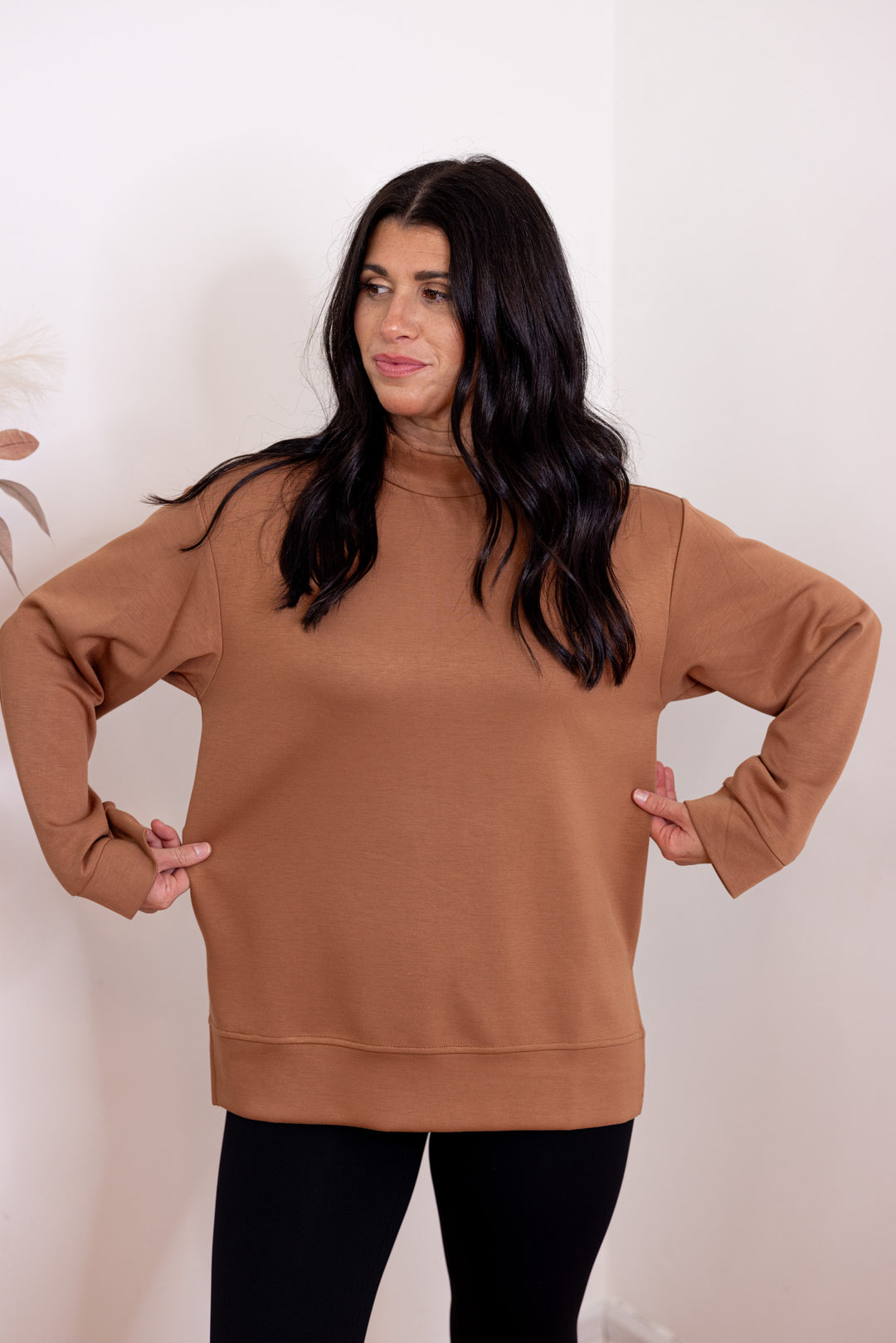 brown scuba mock neck pullover top