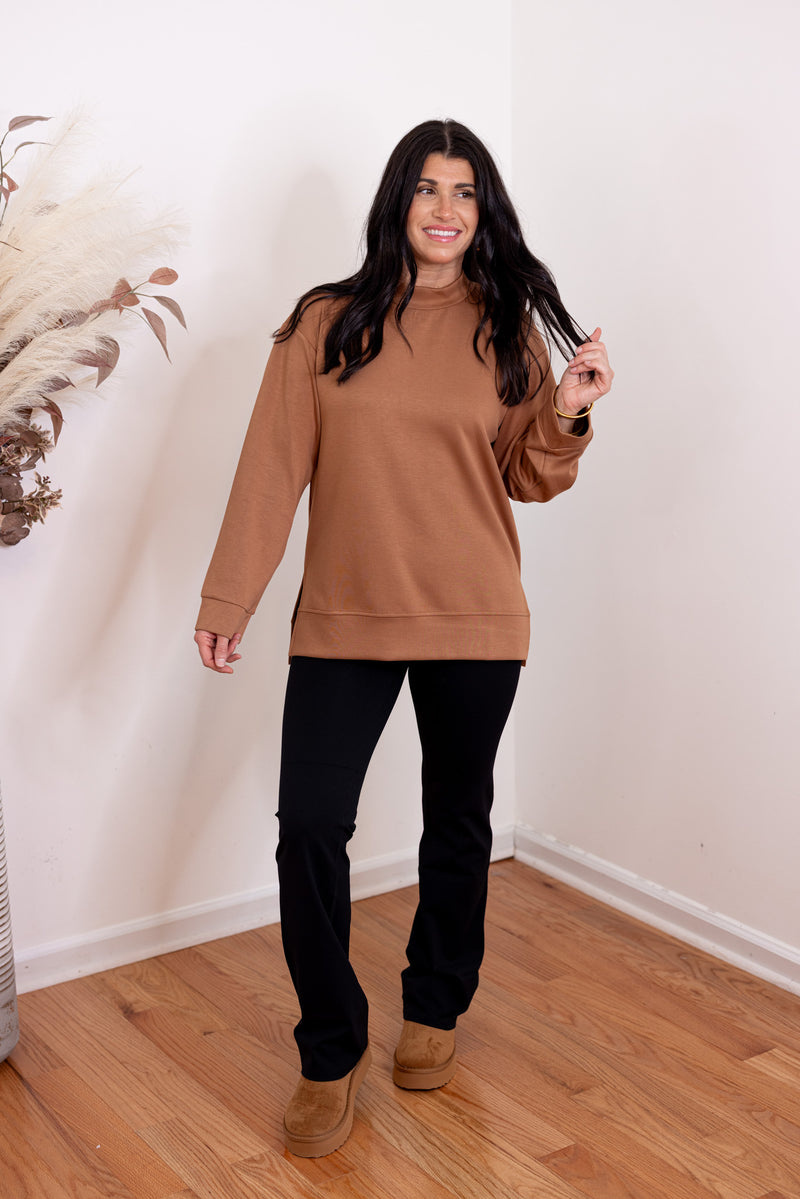 brown scuba mock neck pullover top