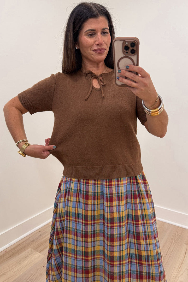 solid coffee brown short sleeve bow tie neckline semi-cropped relaxed fit sweater knit top