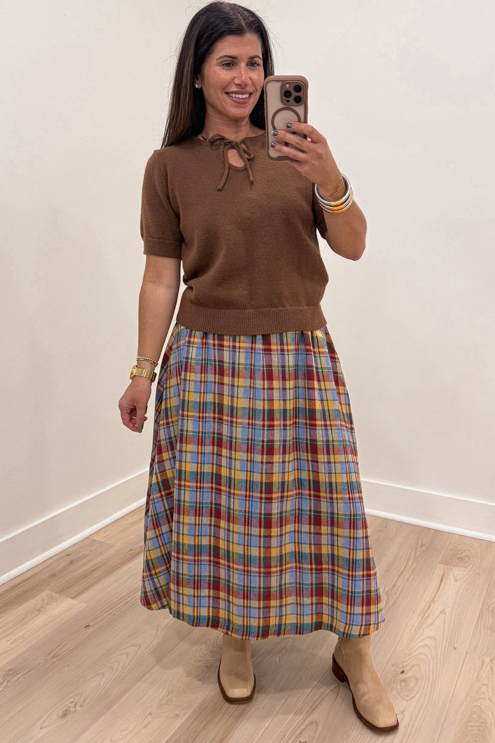 solid coffee brown short sleeve bow tie neckline semi-cropped sweater knit top with ribbed trim
