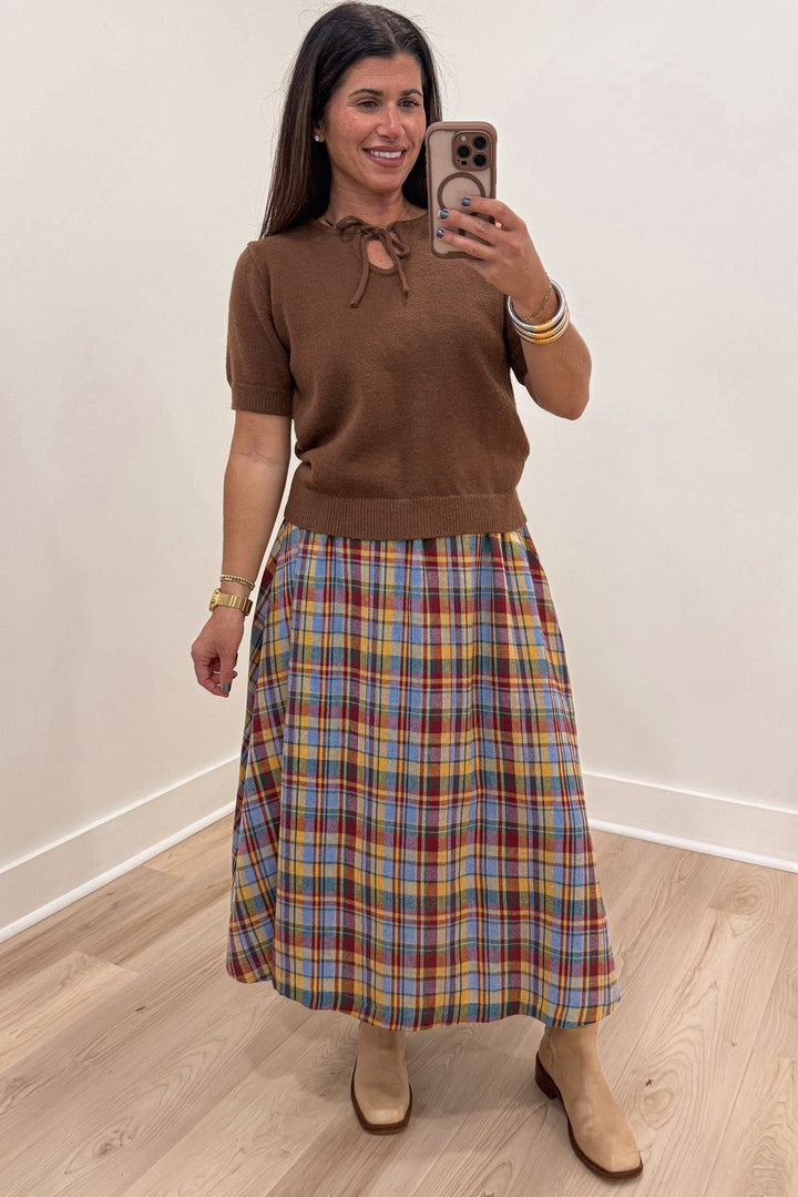 solid coffee brown short sleeve bow tie neckline semi-cropped sweater knit top with ribbed trim