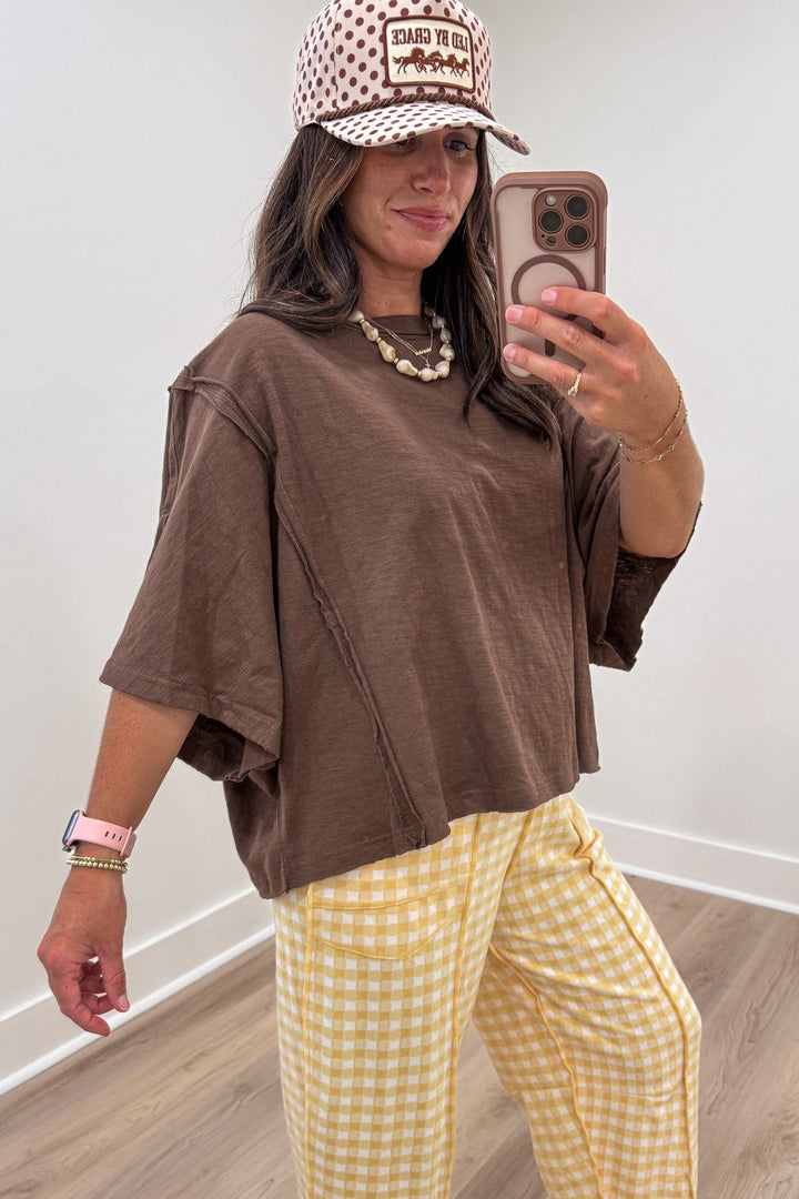 solid espresso brown drop shoulder short sleeve crew neckline oversized cotton t-shirt