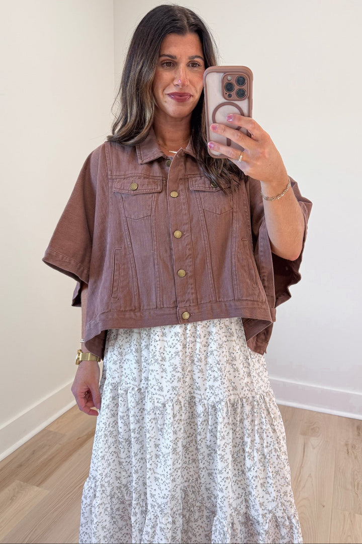 solid brown short sleeve poncho style  button front semi-cropped denim jacket top