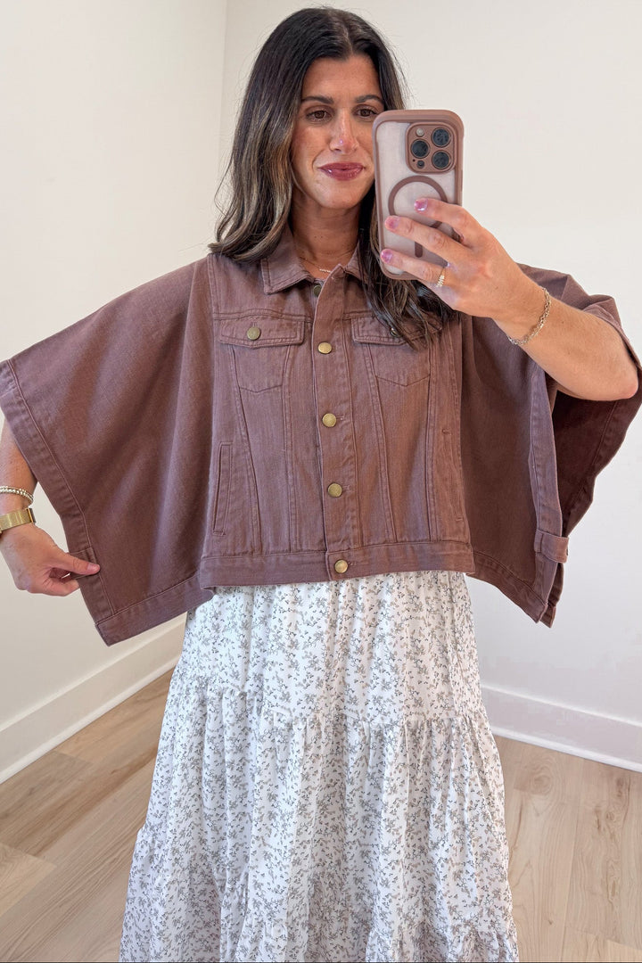 solid brown short sleeve poncho style  button front semi-cropped relaxed fit denim jacket