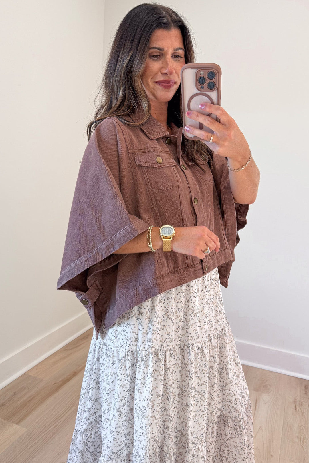 solid brown open side short drape sleeve poncho style button front semi-cropped denim jacket