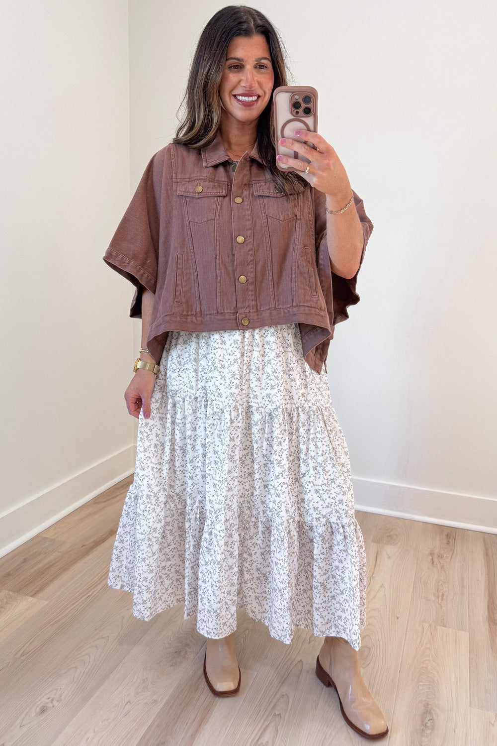 solid brown short sleeve poncho style  button front semi-cropped denim jacket with front chest pockets