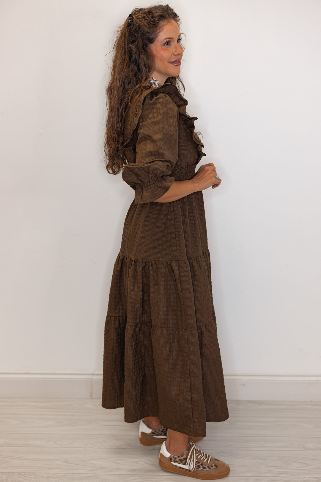 women's brown smocked waist midi dress side