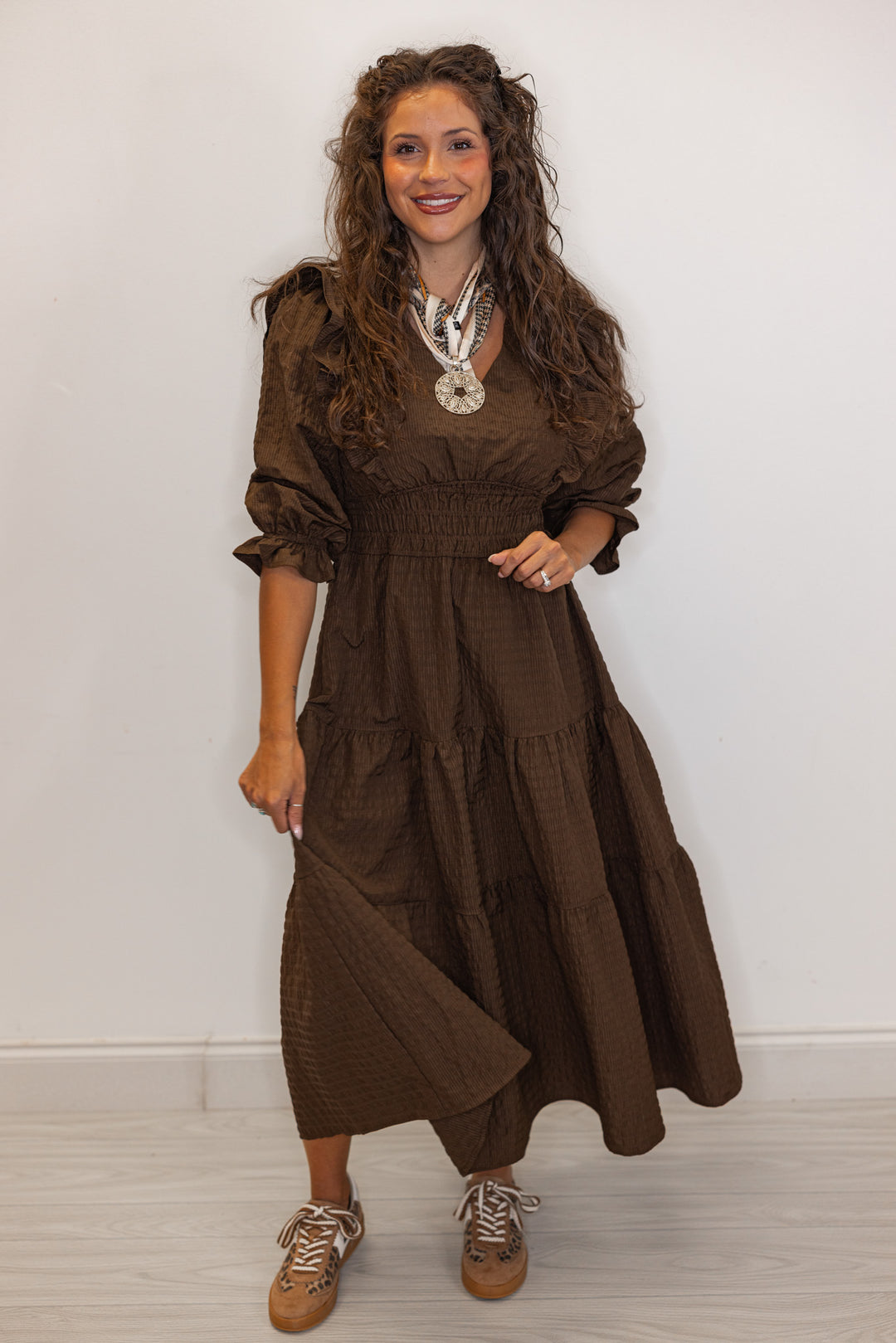 women's brown smocked waist midi dress