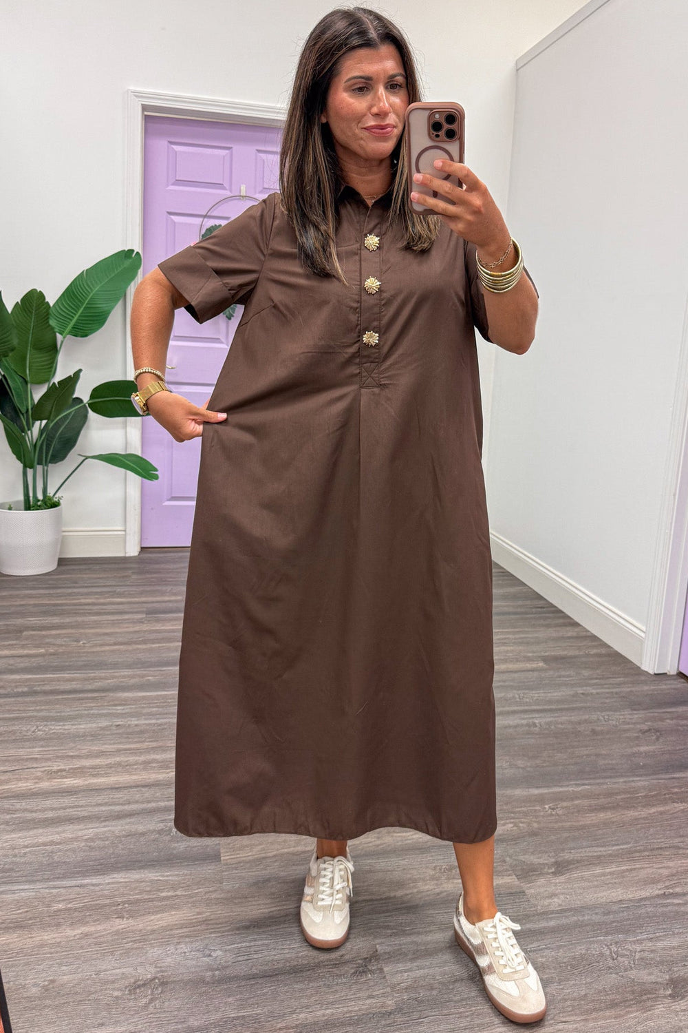 solid dark brown with decorative gold button snap bodice short sleeve relaxed silhouette midi dress
