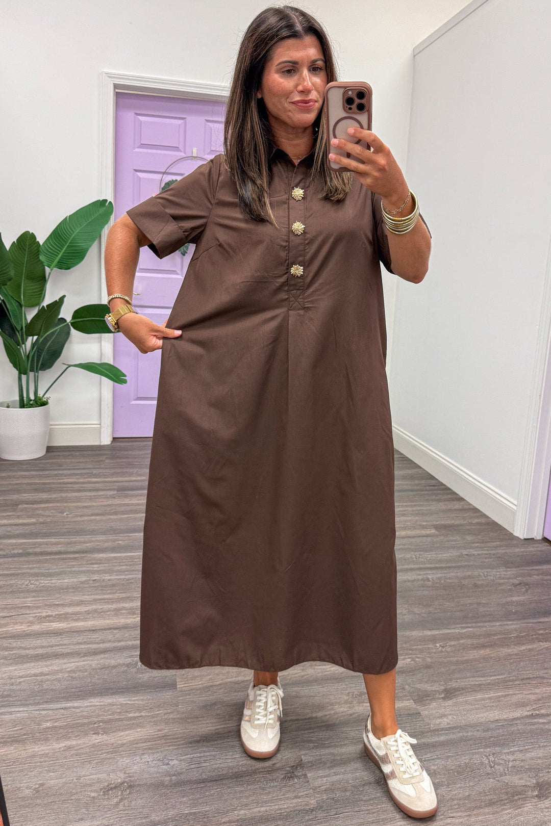 solid dark brown with decorative gold button snap bodice short sleeve relaxed silhouette midi dress