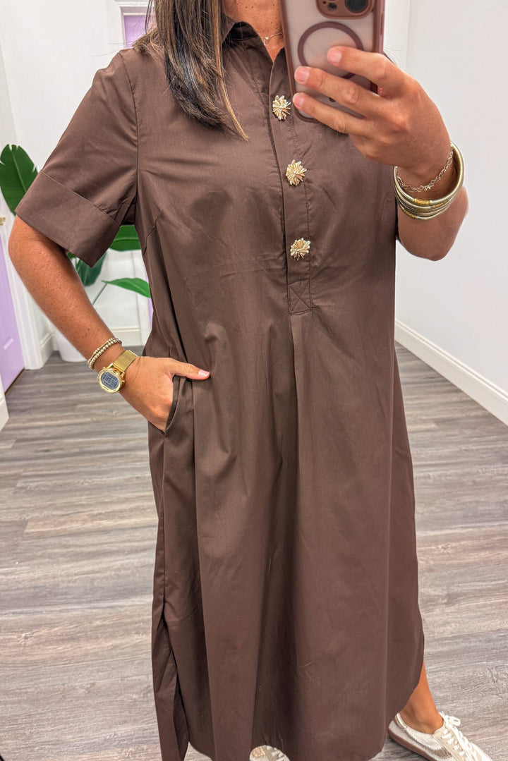 solid dark brown with decorative gold button snap bodice short sleeve midi dress with side pockets