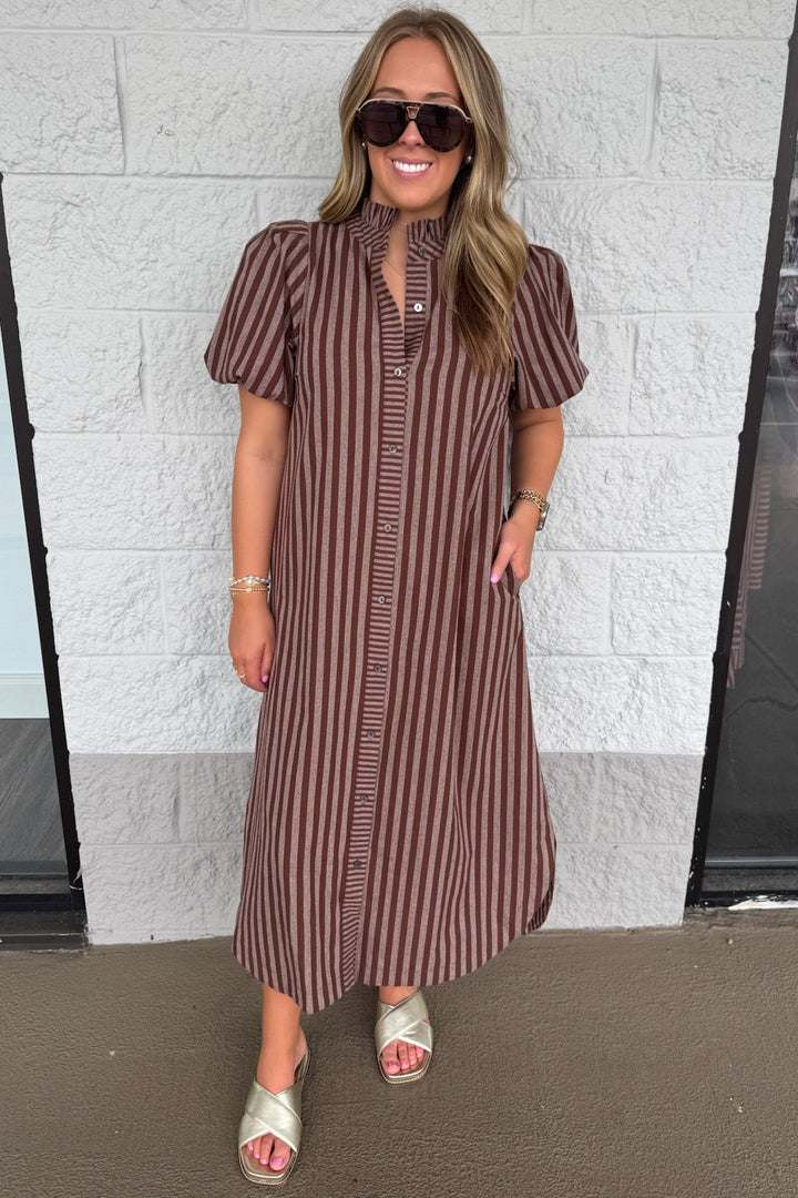 brown and mocha striped button front puff sleeve cotton midi dress with side pockets